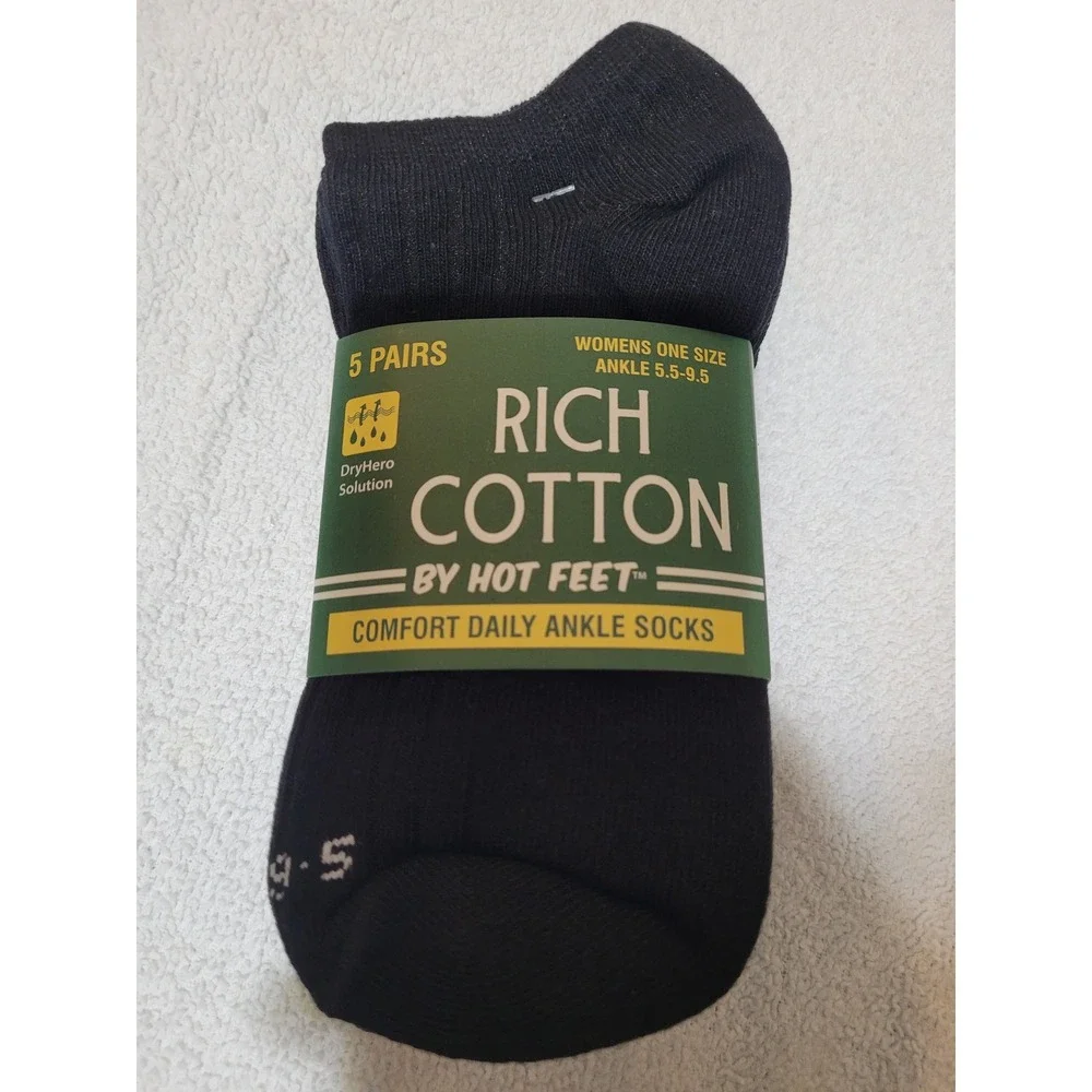 Hot Feet Ankle Socks Womens OS Black NEW 5 Pairs Rich Cotton Moisture Wicking